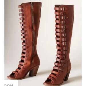 Frye 10 Izzy Gladiator Tall Brown Leather Buckles Open Toe Boots